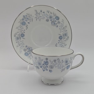 Vintage Wedgwood &quot;Belle Fleur&quot; Bone China Footed Cup and Saucer Set - Blue & Gray Floral Pattern with Platinum Trim - Made in England