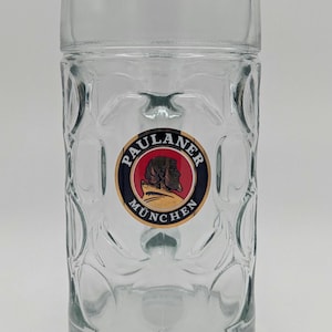 Traditional Paulaner Brauerei German Maßkrug Beer Mug – Dimpled Glass with Gold Trimmed Logo | Oktoberfest Collectible