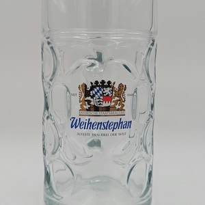Vintage 1 Liter Maßkrug Glass Beer Mug - Weihenstephan Gold Trimmed Logo - Traditional Dimpled Mug - German Brewery Collectible