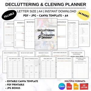 Può includere: Un planner per decluttering e pulizia con sfondo bianco. Include pagine per la pianificazione giornaliera, settimanale e mensile, oltre a sezioni per obiettivi e sfide di decluttering. Disponibile in formati PDF, JPG e modello Canva, formato A4.