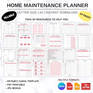 Home Maintenance Planner, Cleaning Planner Bundle | Home Improvement Planner | Editable PDF | Household Organizer | Monthly Checklist