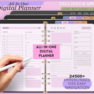 May include: Digital planner with a pink and white design. The planner includes 480+ planners, 160+ templates, 120+ covers, 5000+ stickers, and 10 notebooks. It features 4 weekly and 2 daily layouts, with hyperlinks for easy navigation. The planner is undated for 2023 and 2024.