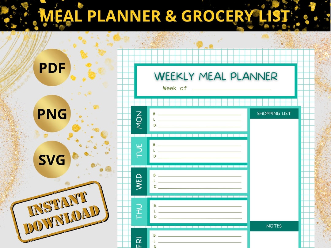 Weekly Meal Planner Printable, Grocery List, A4 A5 US Letter (PDF) - Etsy