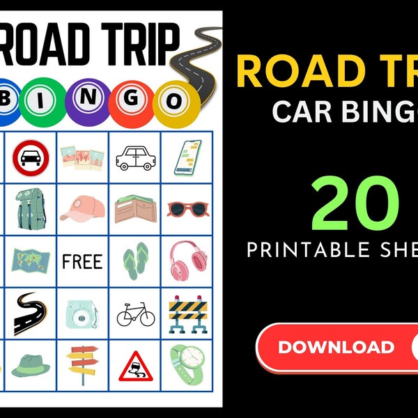 Kids Road Trip Bingo Game Travel Printable, Family Road Trip Planner, Family Vacation, Car Scavenger Hunt Games, 20 Print-Ready PDF Cards