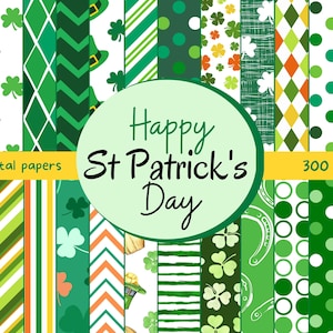 Papier numérique St Patrick's Day, fond, papiers de scrapbooking, rayures, chevron, pois, trèfle, motif trèfle irlandais, trèfle