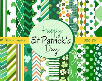 Cyfrowy papier Świętego Patryka, tło, papiery do notatników, paski, szewron, kropki, koniczyna, irlandzki wzór Shamrock