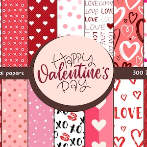 Valentine digital paper Pack, valentine&#39;s day scrapbook papers, hearts wallpaper, background Bundle