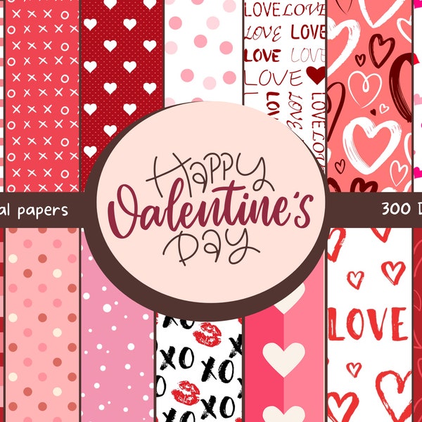 Paquete de papel digital de San Valentín, papeles de álbum de recortes del día de San Valentín, fondo de pantalla de corazones, paquete de fondo