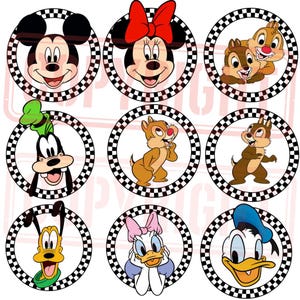 May include: Nine round printable cupcake toppers featuring various Disney characters. The toppers feature Mickey Mouse, Minnie Mouse, Goofy, Pluto, Donald Duck, Daisy Duck, and Chip and Dale. The toppers are set against a black and white checkered background.