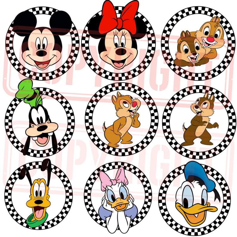May include: Nine round printable cupcake toppers featuring various Disney characters. The toppers feature Mickey Mouse, Minnie Mouse, Goofy, Pluto, Donald Duck, Daisy Duck, and Chip and Dale. The toppers are set against a black and white checkered background.