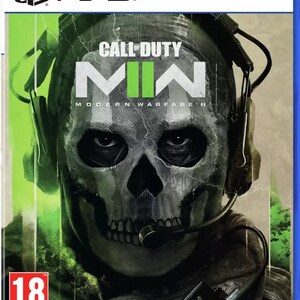 May include: A video game cover for Call of Duty: Modern Warfare II for the Playstation 5 console. The cover features a soldier wearing a skull mask and a headset. The background is green and black. The game is rated 18+.