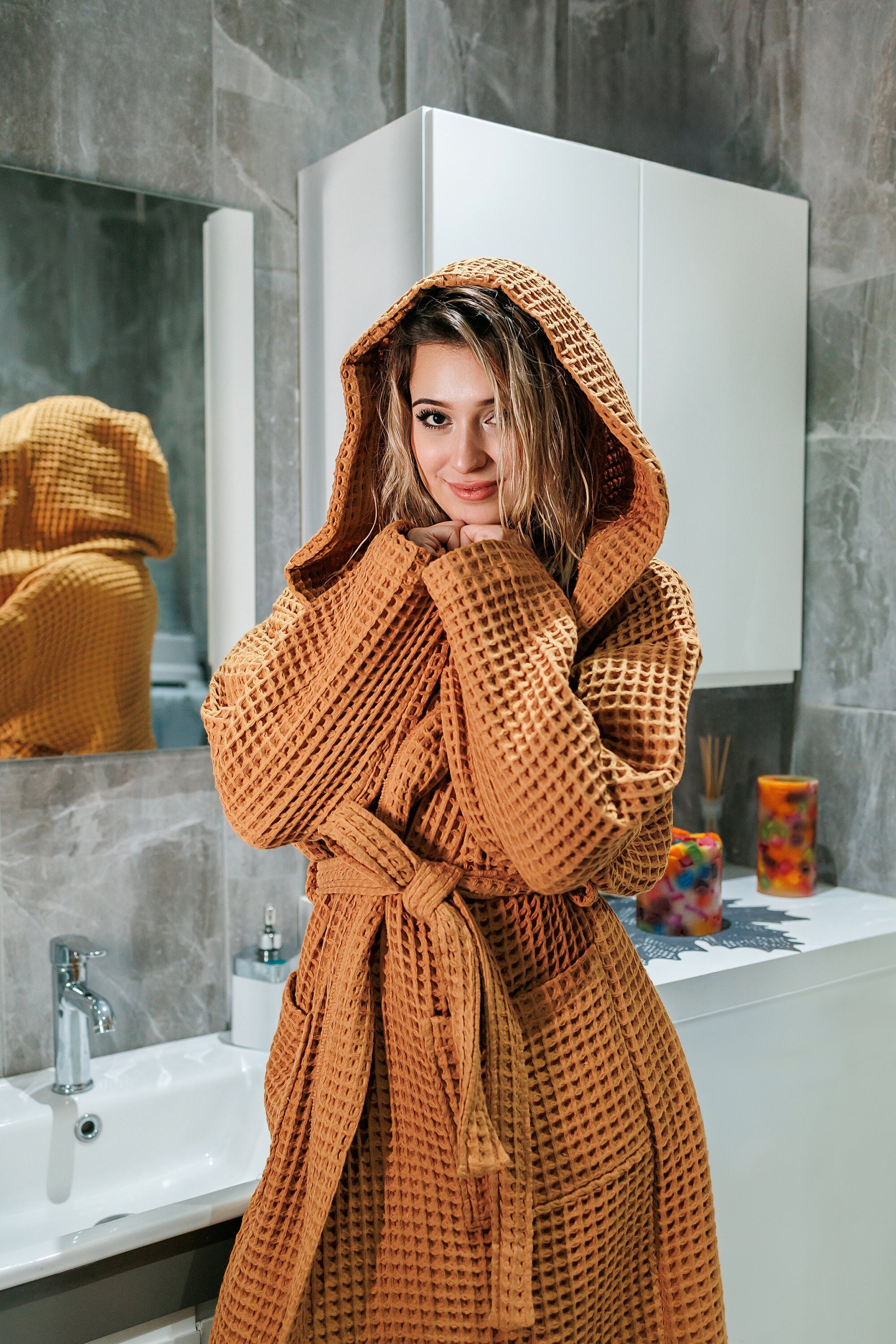 Buy Womens Luxury Waffle Hooded Robe With Linen Piping Lightweight, Long,  Ultra Soft Spa Sleepwear Bathrobe Online in India 