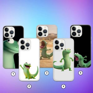 Könnte beinhalten: Fünf Smartphone-Hüllen mit einem grünen Eidechsen-Charakter in verschiedenen Posen. Hülle 1 hat einen schwarzen Hintergrund, Hülle 2 ist weiß, Hülle 3 zeigt eine Wüstenszene, Hülle 4 ist weiß und Hülle 5 hat einen schwarzen Hintergrund.
