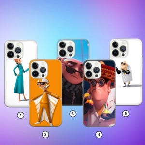 May include: Five white and orange smartphone cases featuring characters from the Despicable Me franchise. Case one shows a woman in a teal coat, case two a character in an orange flight suit, case three a man in sunglasses, case four a man in a sombrero, and case five a man in a white lab coat.