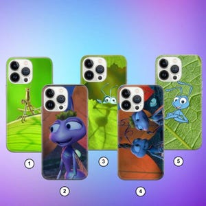 May include: Five smartphone cases featuring characters from the movie A Bug's Life. Case 1 shows a green mantis on a leaf. Case 2 features a purple ant. Case 3 shows a blue ant peeking over a leaf. Case 4 displays two blue ants. Case 5 shows a blue ant.