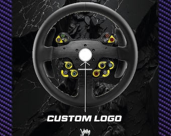 May include: Black racing wheel with multiple buttons and a central white circle. The wheel has a "Thrustmaster" logo and the text "CUSTOM LOGO" is displayed below. The background is a dark, textured pattern.