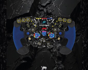 May include: A racing steering wheel controller featuring a black and white marbled finish, blue side grips, and numerous buttons labeled with symbols like L2, L3, R2, square, triangle, and circle. The center displays the Fanatec logo and F1 branding.