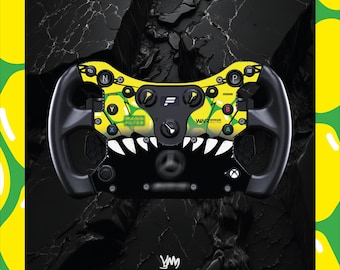 May include: A black and yellow racing wheel with white accents and a shark-like design. The wheel features various buttons, dials, and the text "WW Racing". The background is a dark, textured surface.
