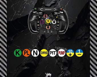 May include: A black racing steering wheel controller featuring numerous buttons, rotary dials, and a central yellow circular button. Below the wheel are eight circular labels with text including K, PL, N, DRS, PIT, PUMP, 10+, and 1-.