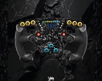 May include: A racing steering wheel with a black marbled finish, featuring black suede grips, two yellow buttons on each side, two red buttons, and three blue buttons. A central digital display shows the number 888 with a row of LED lights above it.