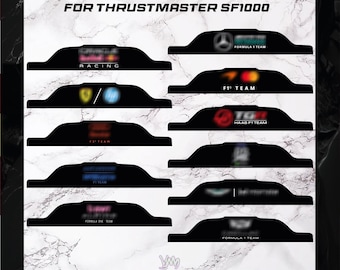 May include: A collection of twelve black, contoured adhesive decals designed for the Thrustmaster SF1000 steering wheel. Each decal features various Formula 1 team logos and branding, arranged in two columns against a white marble background.