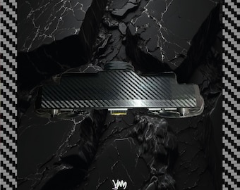 May include: A black carbon fibre radiator featuring a distinct woven pattern. The unit has a rectangular shape with metallic silver side components and a central yellow circular emblem. The logo YM Custom is printed in white and purple at the bottom.