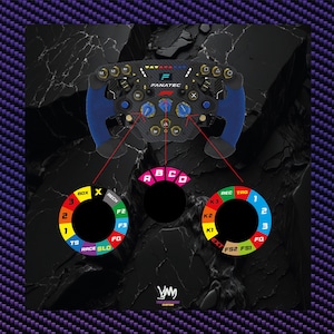 Può includere: Diagramma dettagliato di un volante da corsa Fanatec, con impugnature blu e numerosi pulsanti e quadranti. L'immagine include diagrammi circolari etichettati con numeri e abbreviazioni, e il logo Fanatec è visibile.