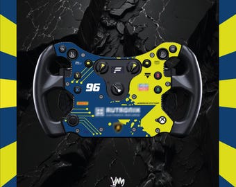 May include: A racing steering wheel controller featuring a blue and yellow colour scheme with the number 96, various buttons, rotary dials, and the Xbox logo. The faceplate displays circuit board patterns, the text Autronik, and a Lamborghini logo.
