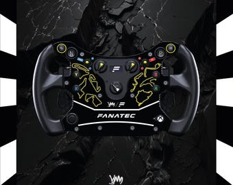 May include: Black racing wheel featuring yellow track designs and the Fanatec logo. The wheel has various buttons and dials, with the Xbox logo visible. Set against a dark, textured backdrop with a black and white striped border.