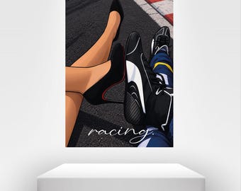 May include: A digital illustration featuring a pair of black high-heeled pumps with red soles next to a pair of black and white racing shoes on an asphalt track. The word racing is written in white cursive script at the bottom of the image.