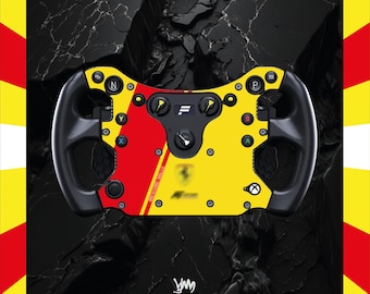 May include: A racing wheel with a black grip and a yellow and red face. The face has buttons, dials, and the Ferrari logo. The wheel is set against a black and grey background, with a yellow and red border.