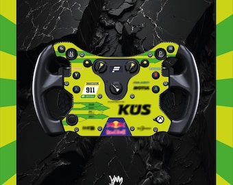 May include: A lime green racing steering wheel controller featuring black hand grips, multiple circular buttons labeled with letters and symbols, a central dial, and the text 911 and KUS printed on the front face alongside various logos.
