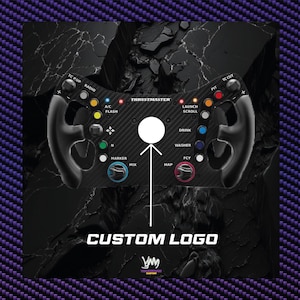May include: A black racing wheel with the Thrustmaster logo and various buttons and dials. The wheel has a carbon fiber texture and the text "CUSTOM LOGO" is at the bottom. The wheel has a white circle in the center.
