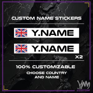 Personalisierte Fahrernamenaufkleber x2 Racing mit Flagge - 100 % anpassbar für Sitz, Lenkrad, Kart, Helm, Motorrad