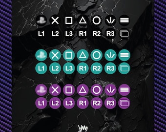 May include: A set of circular controller button decals featuring white icons for PlayStation symbols, L1, L2, L3, R1, R2, R3, and menu functions. The decals are arranged in three rows of black, teal, and purple, each displaying identical button labels.