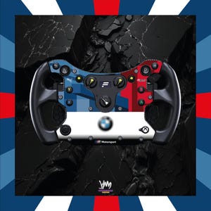 May include: A black and multi-colored racing wheel with the BMW Motorsport logo. The wheel features blue, white, and red accents, with various buttons and controls. The background is a dark, textured surface.