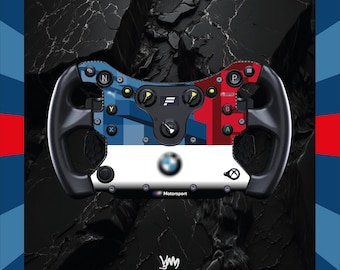 May include: A racing wheel in black with blue, white, and red sections, featuring the BMW Motorsport logo. It has various buttons and controls. The background is a dark, textured surface, with a decorative border.