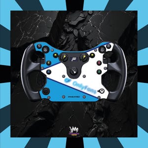 May include: A black and blue racing wheel with white and blue accents. The wheel has buttons and a central control panel. The text "OnlyFans" is visible on the wheel, along with the brand name "FANATEC".