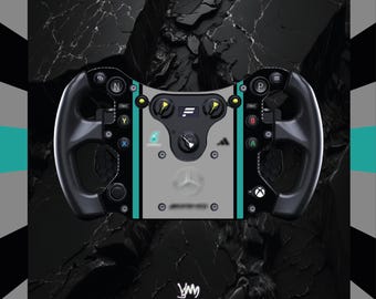 May include: A racing wheel in black and grey, with teal detailing and multiple buttons. The wheel displays the Mercedes-Benz logo and the Xbox logo. The background is a textured black and grey design.