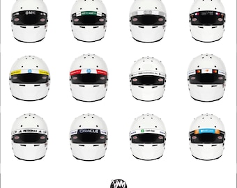 May include: A collection of twelve white racing helmets arranged in a grid, each featuring a dark visor and a unique sponsor decal strip across the top. The helmets display various brand logos including MSC, Aston Martin, Oracle, Petronas, and Cash App.