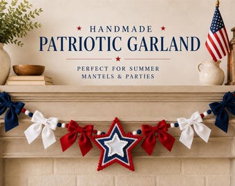 Fourth of July Felt Bow Garland  Star Centerpiece garland Handmade Americana Mantel Decor Red White Blue Summer Banner patriotic USA decor