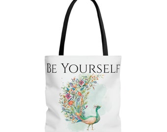 Personalized Peacock print totebag, cute cow print, Be Yourself, gift for bird lover, peacock print bag, peacock gift bag