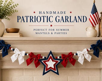 Fourth of July Felt Bow Garland  Star Centerpiece garland Handmade Americana Mantel Decor Red White Blue Summer Banner patriotic USA decor