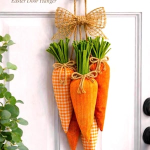 Large Easter Carrot Door Hanger open weave burlap Bow Farmhouse Spring Front Door Decor Rustic Bunny Porch Swag Neutral Easter Decoration