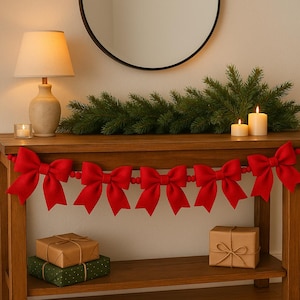 Red Felt Bow Garland Christmas Mantel Decor Farmhouse Holiday Garland Handmade Felt PomPom Garland Rustic Christmas Decoration nursery decor