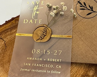 Floral Acrylic Save the Date Magnet with Gold Foil & Wax Seal, Clear Save the Dates Magnets