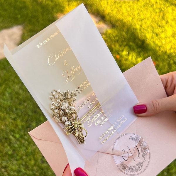 Gypsophila Acrylic Wedding Invitation Set | Clear Wedding Invitations with Envelopes