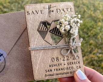 Gypsophila Save the Date Magnet, Save the Dates, 100% Birch Wooden Cards - Geometric Heart Cut