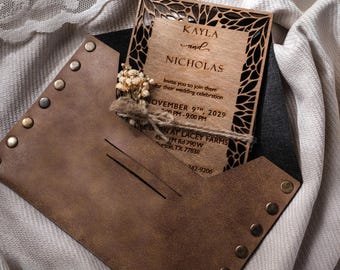 Luxury Wood Wedding Invitations with Leather Envelopes & Preserved Botanicals