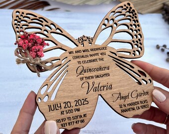 Wooden Butterfly Quinceanera Invitations, Personalized Birthday